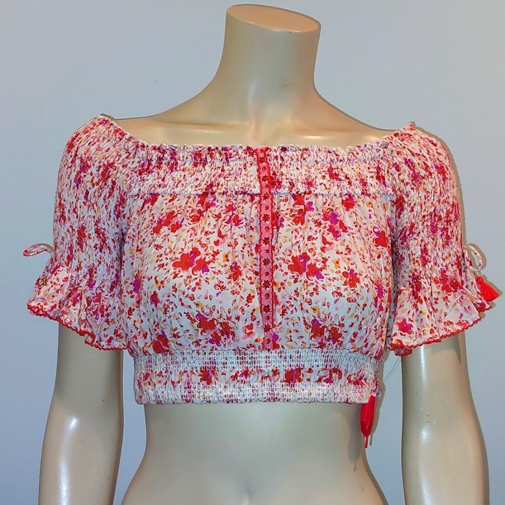 Poupette St Barth Mini top off shoulder watercolor viscose crinkle print XS NWT